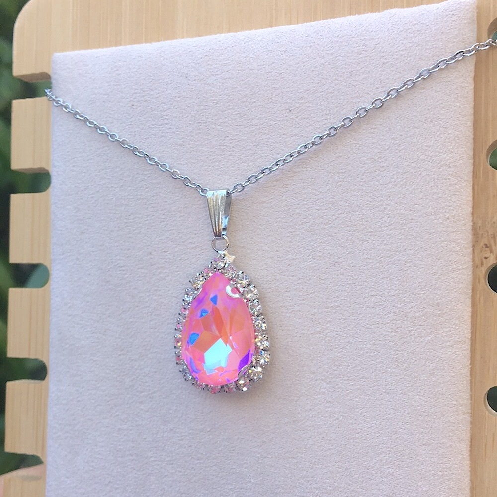 Pink Aurora Borealis + Silver Crystal Halo Pear Drop Pendant Necklace - Picture 3 of 11